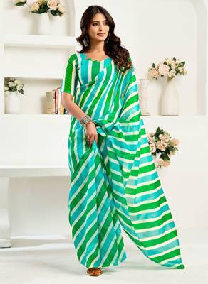 Turquoise linen striped printed ready to wear saree 4