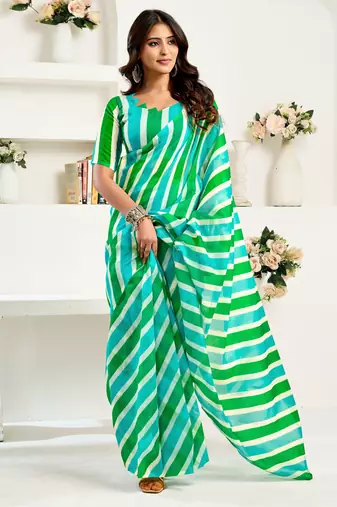 Turquoise linen striped printed ready to wear saree