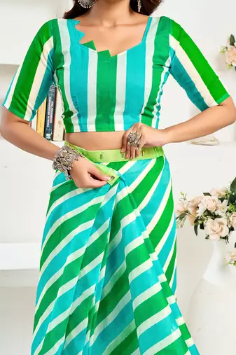 Turquoise linen striped printed ready to wear saree