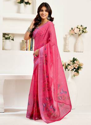Pink linen bird motifs printed ready to wear saree 2