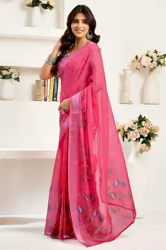 Pink linen bird motifs printed ready to wear saree