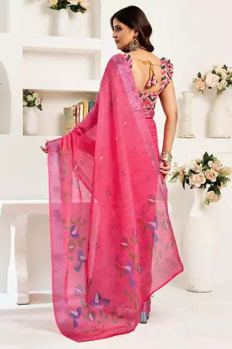 Pink linen bird motifs printed ready to wear saree