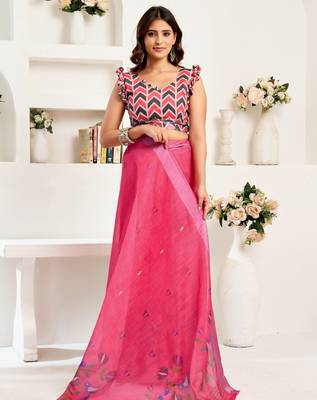 Pink linen bird motifs printed ready to wear saree 5