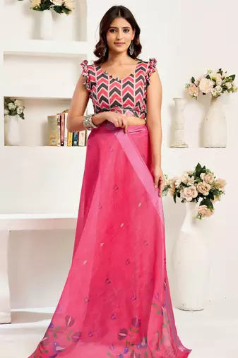 Pink linen bird motifs printed ready to wear saree