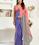 Blue & white linen striped printed ready to wear saree