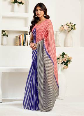 Blue & white linen striped printed ready to wear saree 2