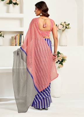 Blue & white linen striped printed ready to wear saree 3