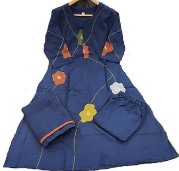 Beautiful jaipuri a navy blue cotton kurta, pant, and dupatta set with floral applique designs and orange piping 5