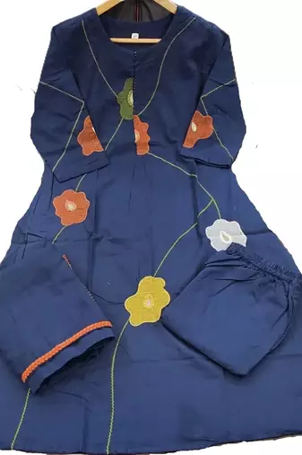 Beautiful jaipuri a navy blue cotton kurta, pant, and dupatta set with floral applique designs and orange piping