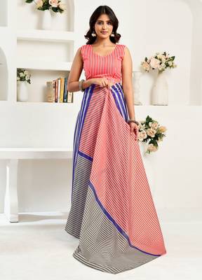 Blue & white linen striped printed ready to wear saree 5