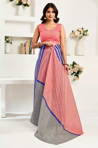 Blue & white linen striped printed ready to wear saree