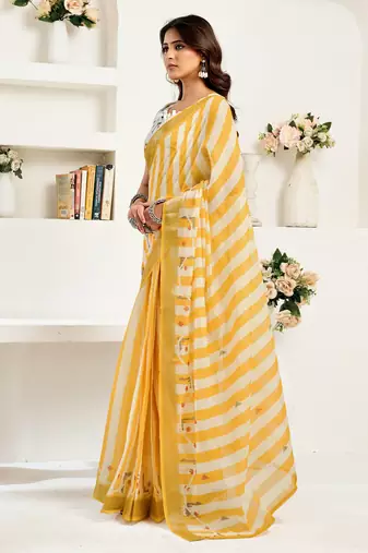 Yellow & white linen striped printed ready to wear saree