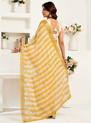 Yellow & white linen striped printed ready to wear saree 3