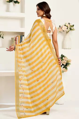 Yellow & white linen striped printed ready to wear saree