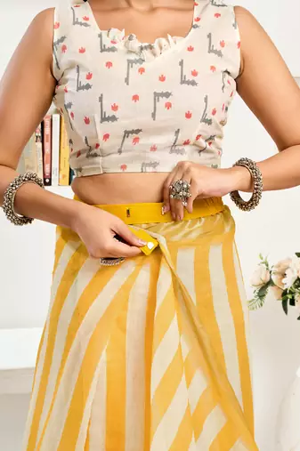 Yellow & white linen striped printed ready to wear saree