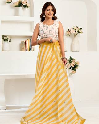 Yellow & white linen striped printed ready to wear saree 5