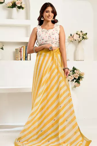 Yellow & white linen striped printed ready to wear saree