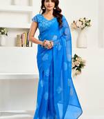 Sky blue linen leaf motifs printed ready to wear saree