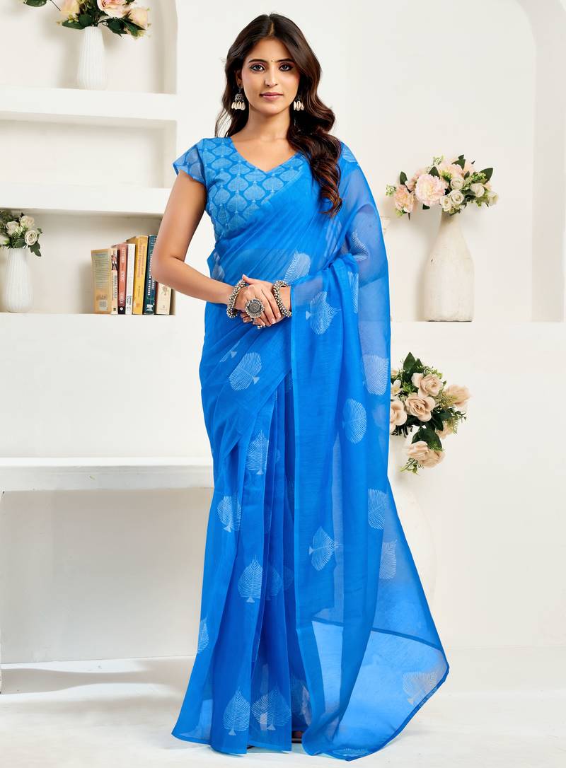 Sky blue linen leaf motifs printed ready to wear saree