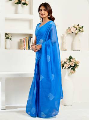 Sky blue linen leaf motifs printed ready to wear saree 2