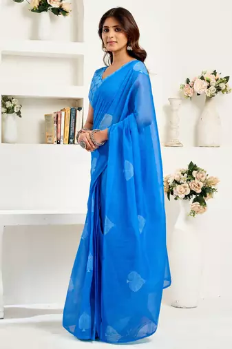 Sky blue linen leaf motifs printed ready to wear saree