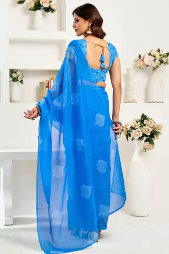 Sky blue linen leaf motifs printed ready to wear saree