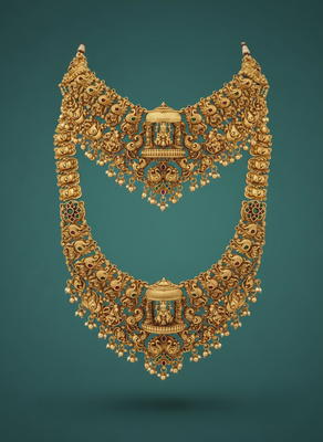 Grand south indian temple bridal Necklace :: set for women     antique gold-plated lakshmi haram with choker & jhumka 2