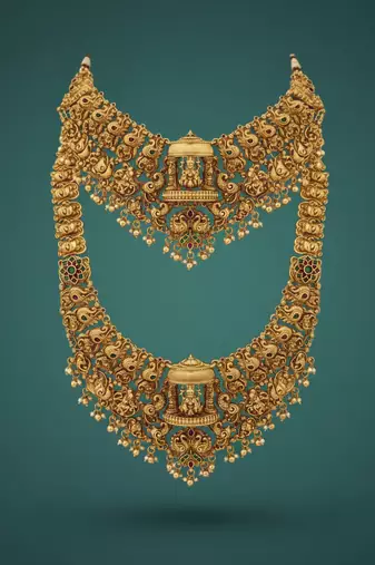 Grand south indian temple bridal Necklace :: set for women     antique gold-plated lakshmi haram with choker & jhumka