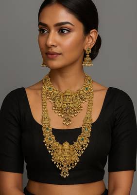 Grand south indian temple bridal Necklace :: set for women     antique gold-plated lakshmi haram with choker & jhumka 1