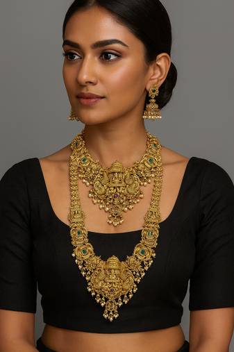 Grand south indian temple bridal necklace set for women     antique gold-plated lakshmi haram with choker & jhumka