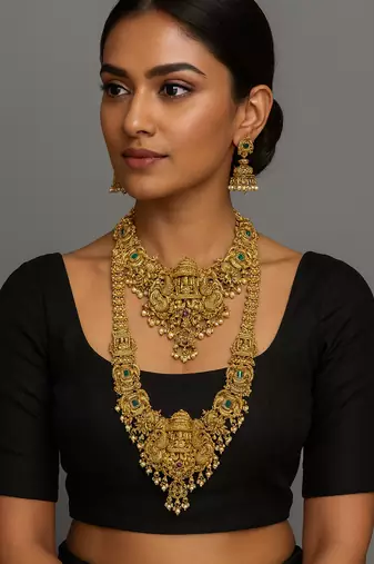 Grand south indian temple bridal necklace set for women     antique gold-plated lakshmi haram with choker & jhumka