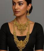 Grand south indian temple bridal necklace set for women     antique gold-plated lakshmi haram with choker & jhumka
