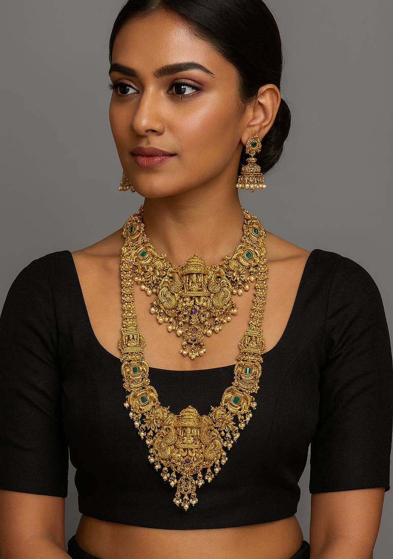 Grand south indian temple bridal necklace set for women     antique gold-plated lakshmi haram with choker & jhumka
