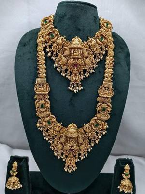 Grand south indian temple bridal Necklace :: set for women     antique gold-plated lakshmi haram with choker & jhumka 2