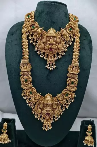 Grand south indian temple bridal Necklace :: set for women     antique gold-plated lakshmi haram with choker & jhumka