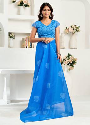 Sky blue linen leaf motifs printed ready to wear saree 5