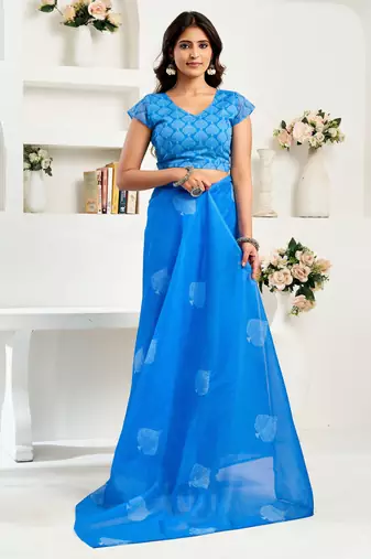 Sky blue linen leaf motifs printed ready to wear saree