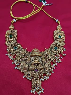 Grand south indian temple bridal Necklace :: set for women     antique gold-plated lakshmi haram with choker & jhumka 3