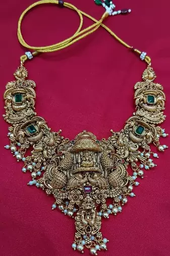 Grand south indian temple bridal Necklace :: set for women     antique gold-plated lakshmi haram with choker & jhumka