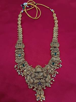 Grand south indian temple bridal Necklace :: set for women     antique gold-plated lakshmi haram with choker & jhumka 4
