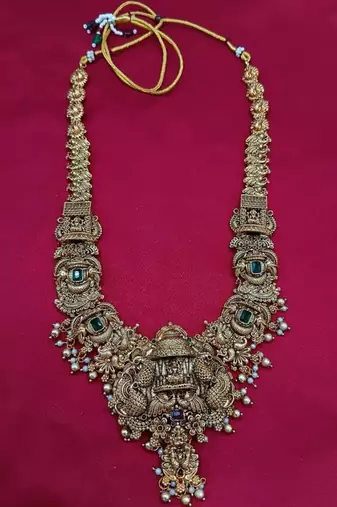 Grand south indian temple bridal Necklace :: set for women     antique gold-plated lakshmi haram with choker & jhumka