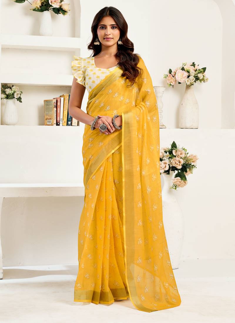 Yellow linen floral printed ready to wear saree