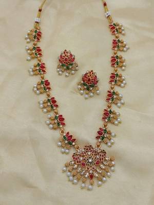Traditional gold-plated red green pearl Necklace :: set for women | ethnic bridal jewelry 1
