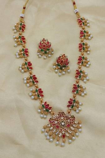 Traditional gold-plated red green pearl necklace set for women | ethnic bridal jewelry