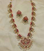 Traditional gold-plated red green pearl necklace set for women | ethnic bridal jewelry