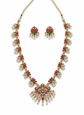 Traditional gold-plated red green pearl Necklace :: set for women | ethnic bridal jewelry 2