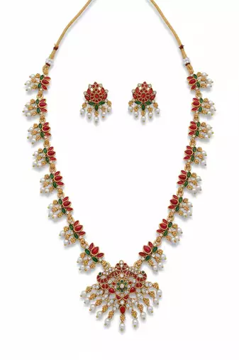 Traditional gold-plated red green pearl Necklace :: set for women | ethnic bridal jewelry