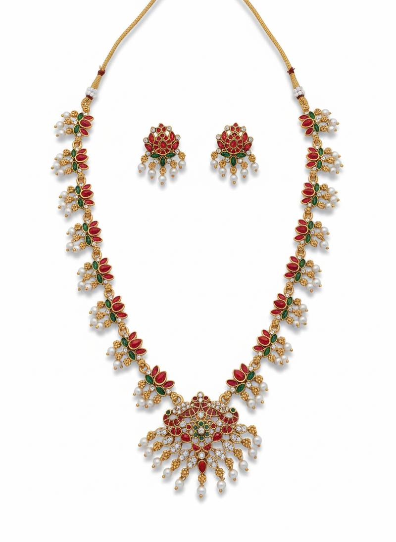 Traditional gold-plated red green pearl necklace set for women | ethnic bridal jewelry