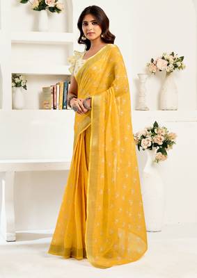 Yellow linen floral printed ready to wear saree 2