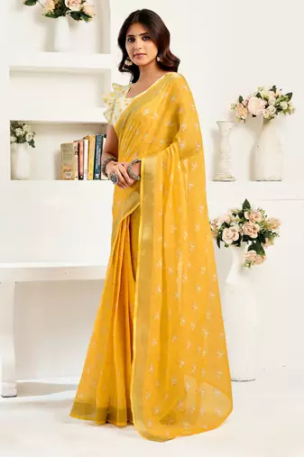 Yellow linen floral printed ready to wear saree